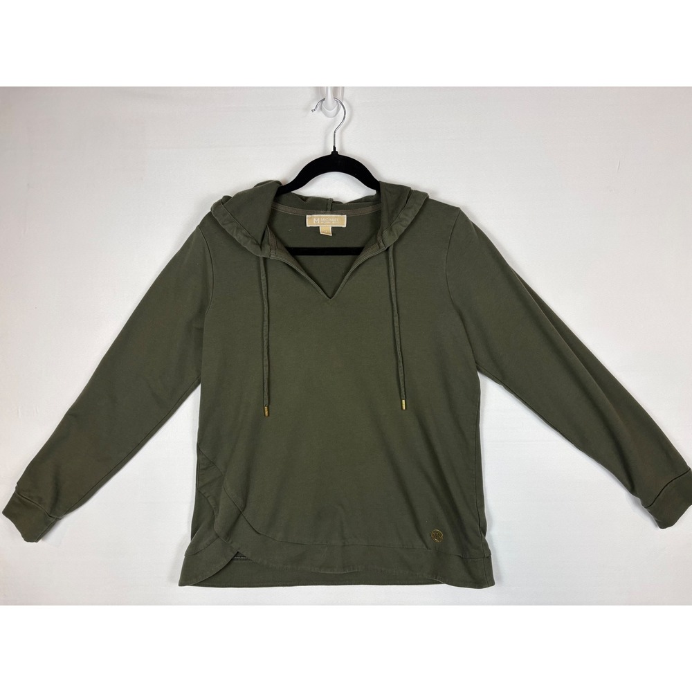 Michael Kors Hoodie Women Size M Olive Green Cotton Blend Tulip Hem Pullover